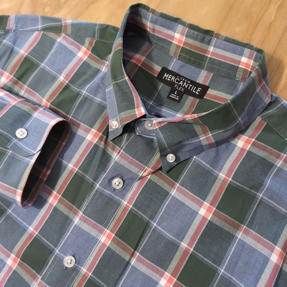 NEW J Crew Shirt Mens Large Blue Green Plaid Flex Mercantile L/S Button Down