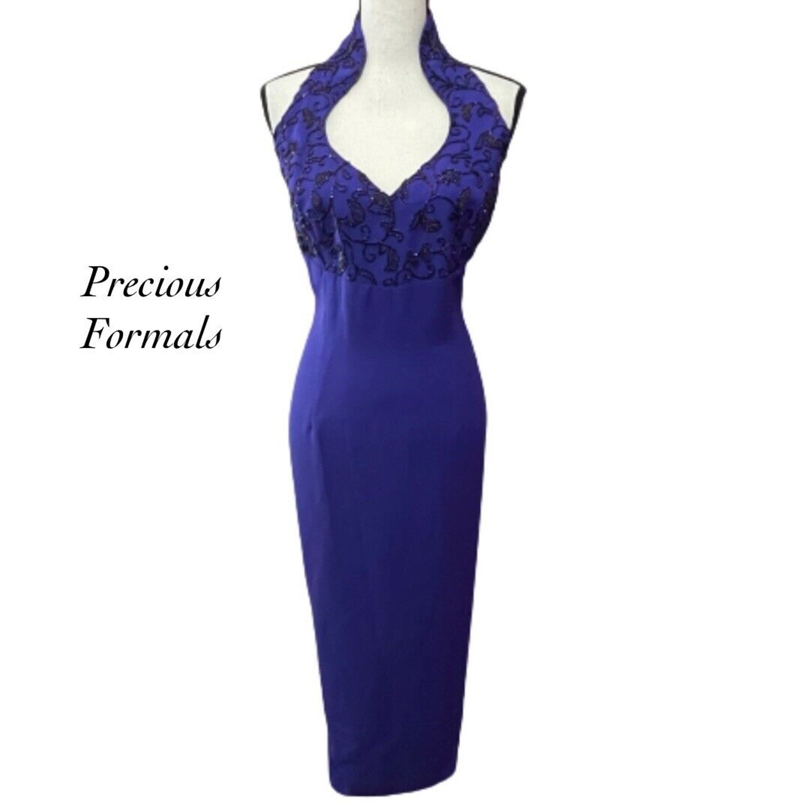 Precious Formals Indigo Beaded Leaf Pattern Full Length Gown Dress Size 14