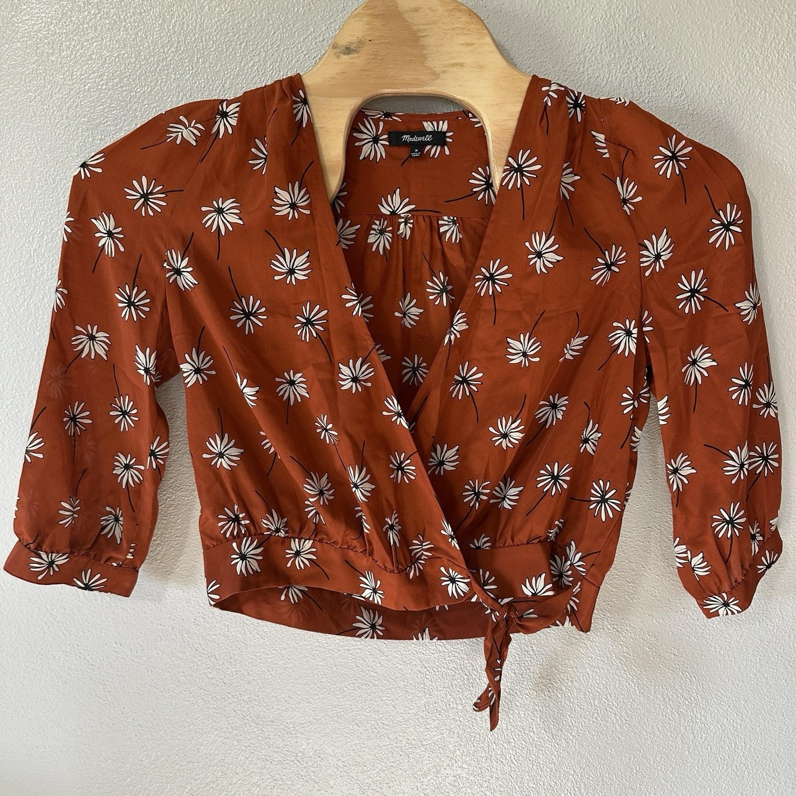 Madewell Women's Size Medium Silk Wrap Top Blouse Floral Fresh Daisies Orange