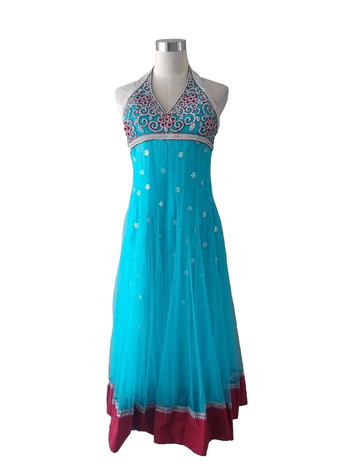 Handmade Traditional Women's Anarkali Dress Turquoise Blue Embedded Rhinestones