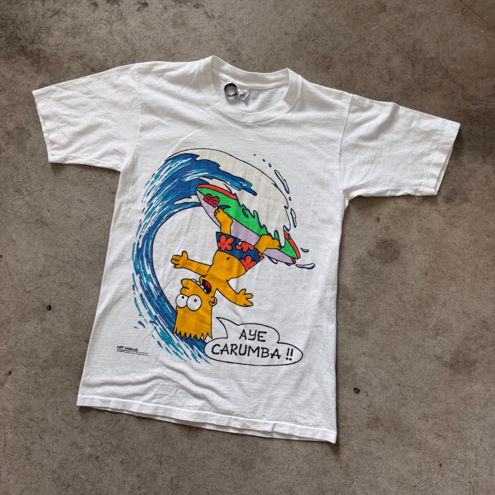 Vintage 80's Single Stitch The Simpsons Bart Surfing Aye Carumba Shirt Size Med