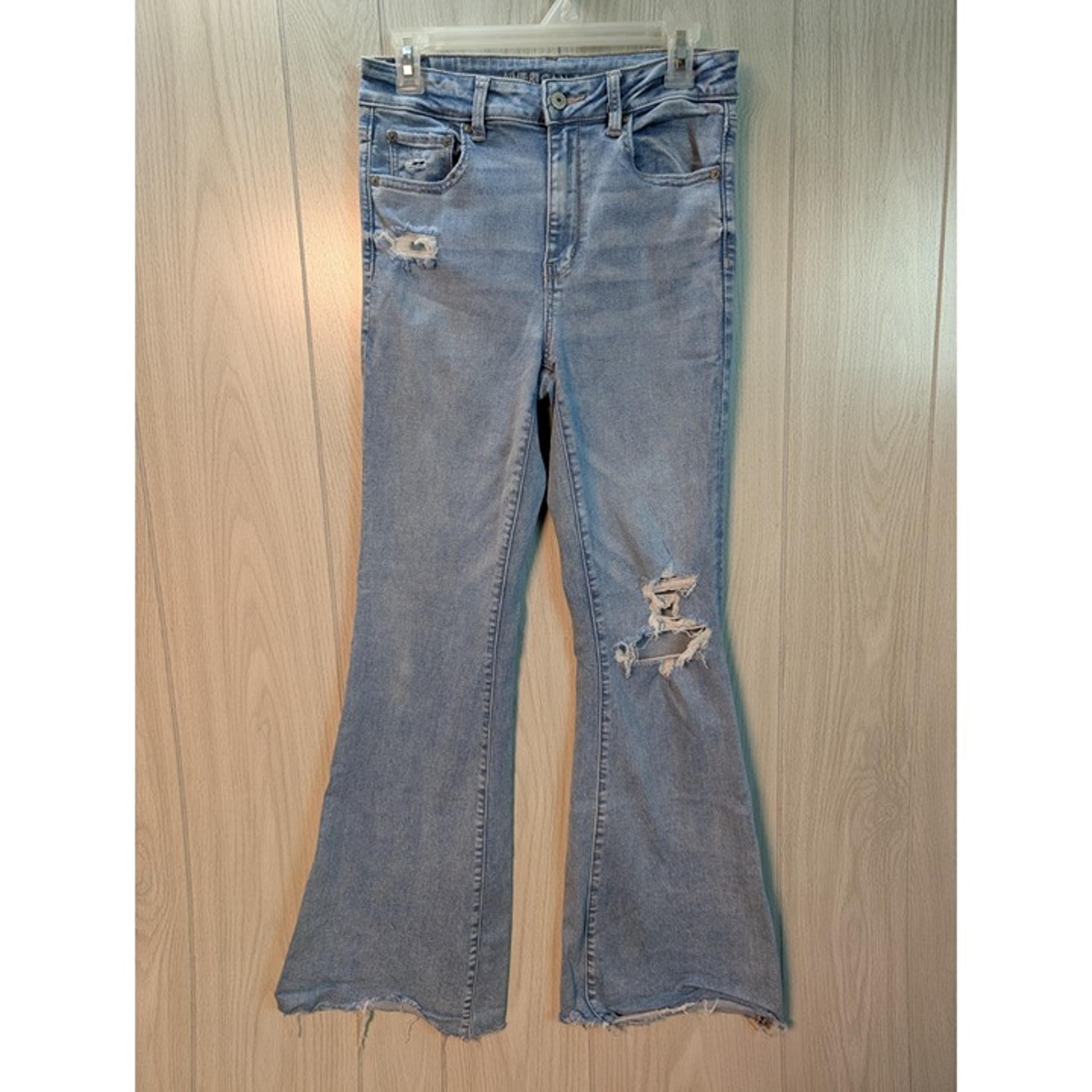 American Eagle Jeans Women's 8 Super High Rise Flare Blue Stretch Denim Boho Y2K