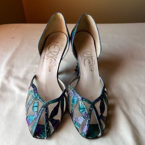 Vintage Blue Purple Snakeskin Pumps Mesh Peep Toe Slip On Mermaid-core Women’s 7