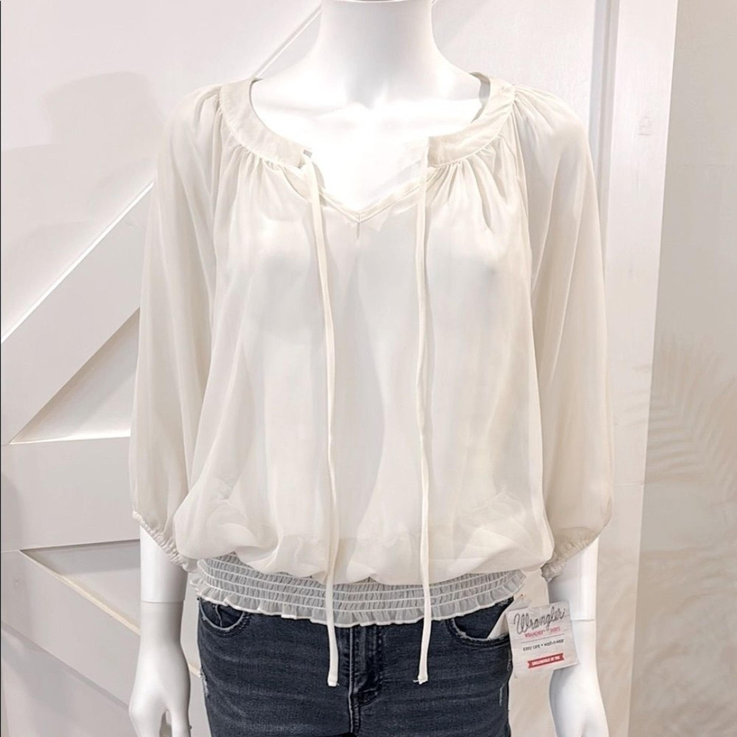NWT Wrangler Wrancher Boho Sheer Bell Long Sleeve Cream Ruched Ruffle Tie Blouse
