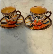 Vintage Hand painted Japanese Satsuma Geisha 2 Coffee cups and saucers.