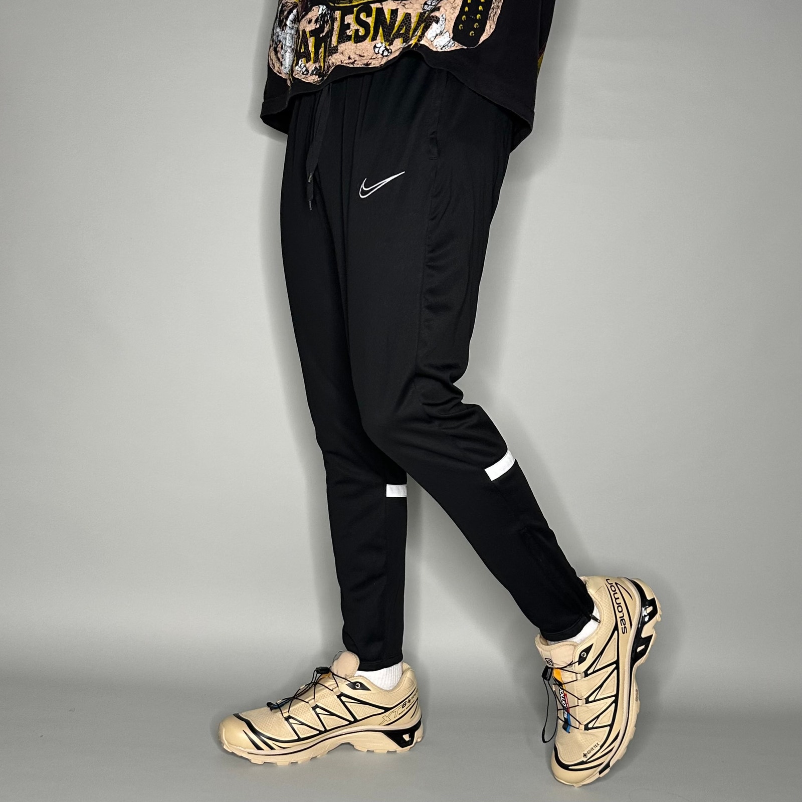 Nike Sweatpants Black Polyester Joggers White Swoosh Zippers to Flare Dri Fit