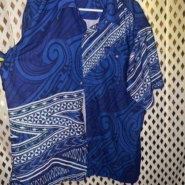Hawaiian shirt mens newocean collection blue tribal island size XL