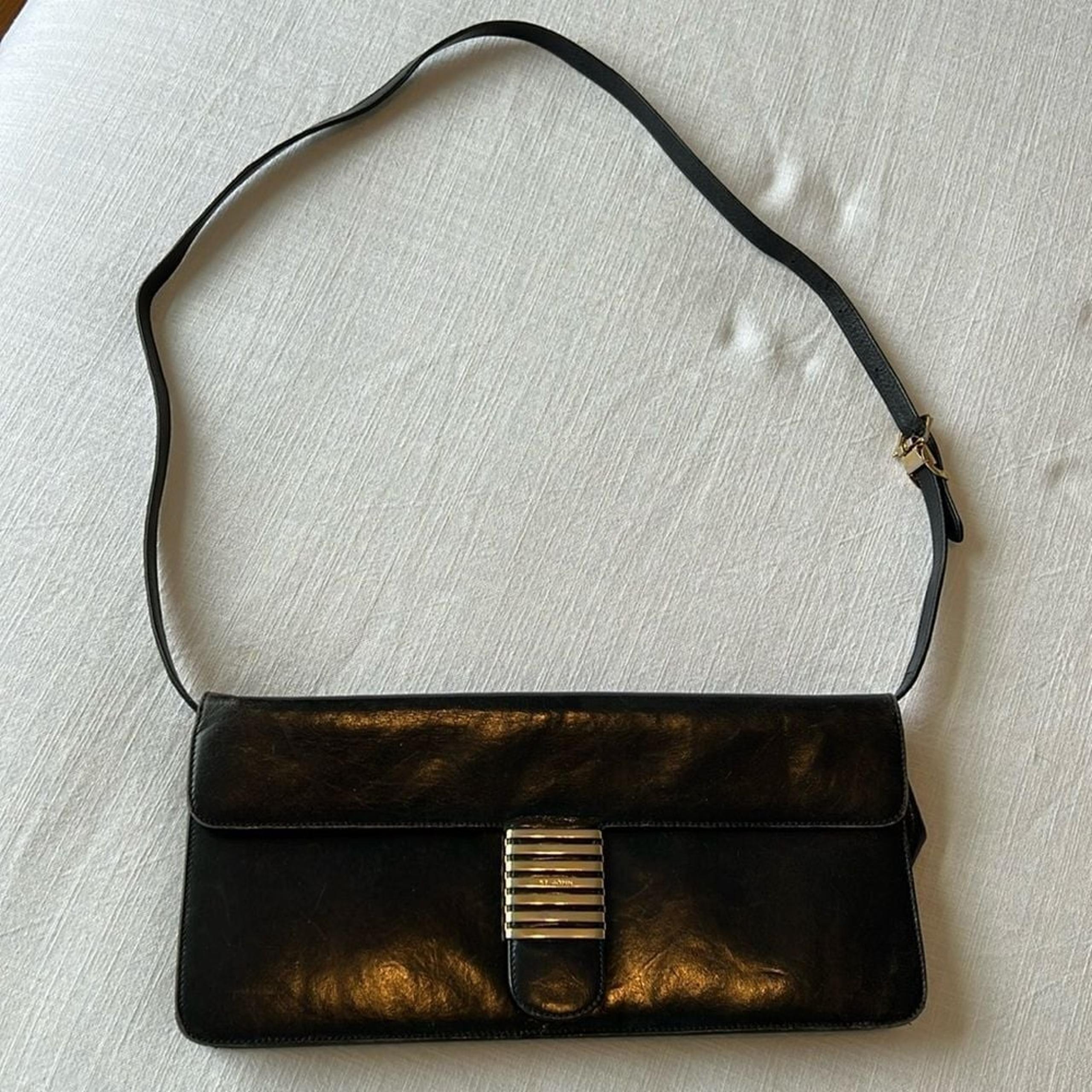 Vintage Black Leather Clutch Shoulder Bag with Gold Striped Clasp Evening Purse