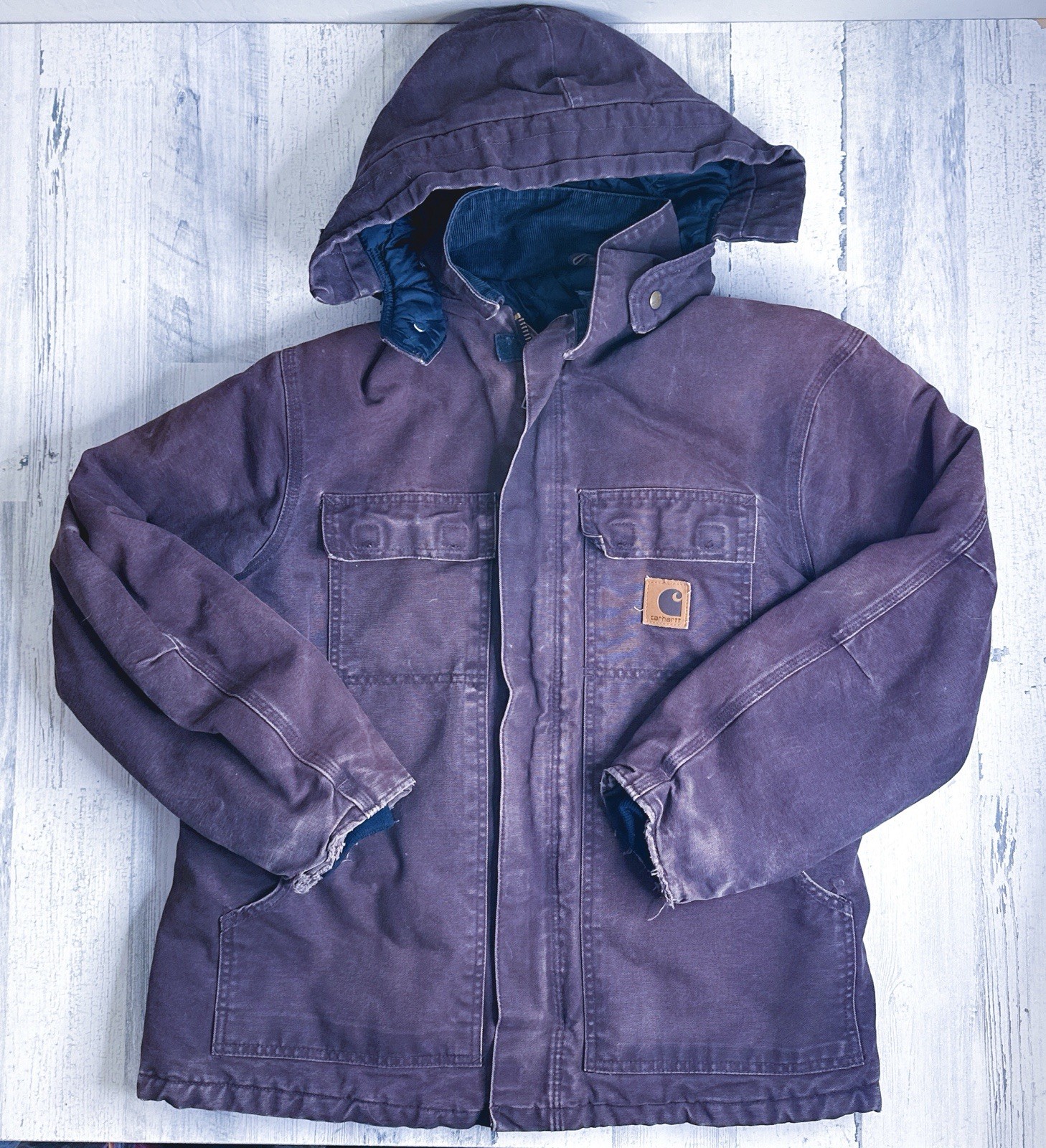 Vintage 90s Carhartt Work Jacket Hood Faded Distressed Dark Brown Quilt Lined