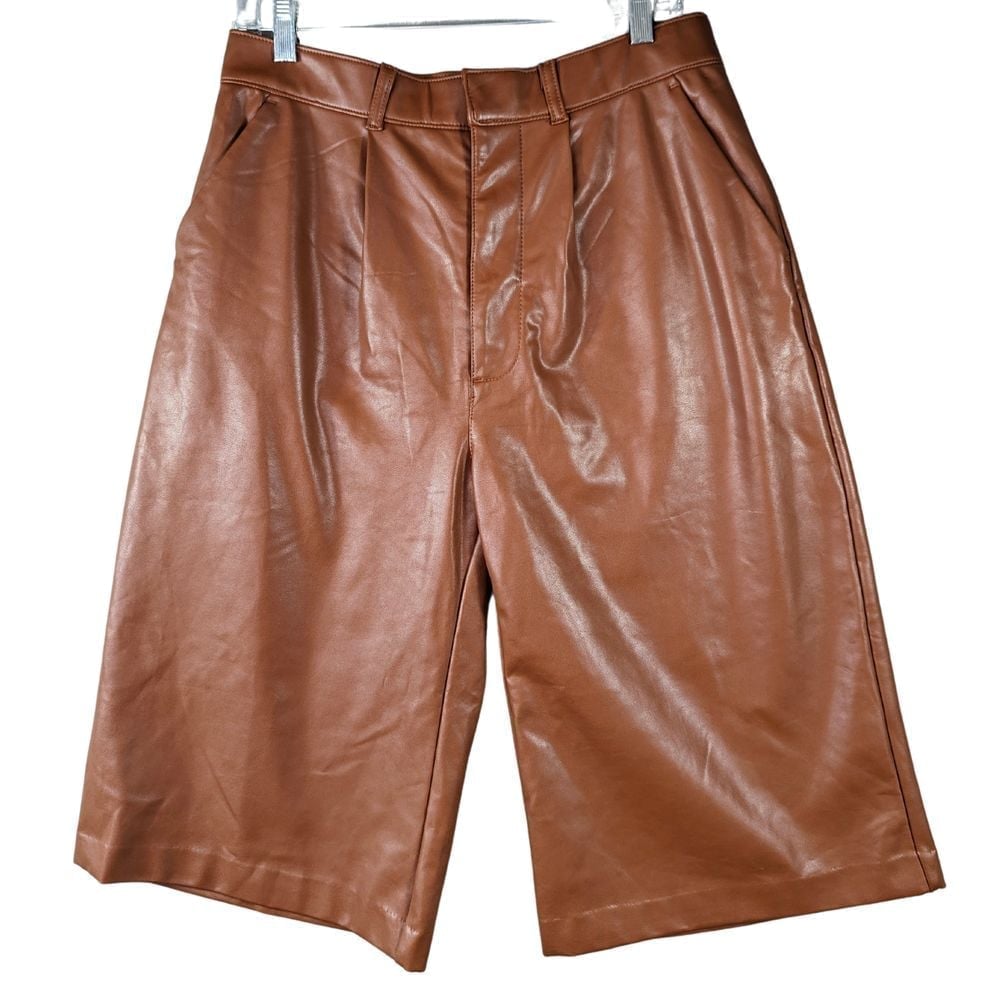 Abercrombie & Fitch Faux Vegan Leather Large Brown High Waisted Shorts Stretch