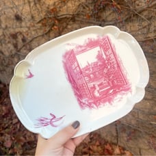 Vintage A. Lanternier Limoges Porcelain Tray with Cat in Windowsill Print Pink