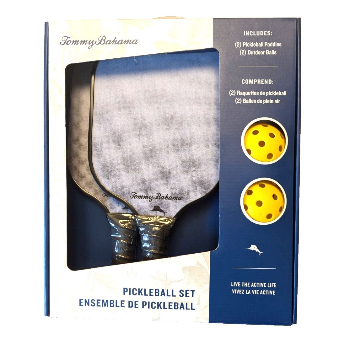 Tommy Bahama Pickleball Set 4-pc Blue Wooden Paddles Yellow Game Balls Gift NIP