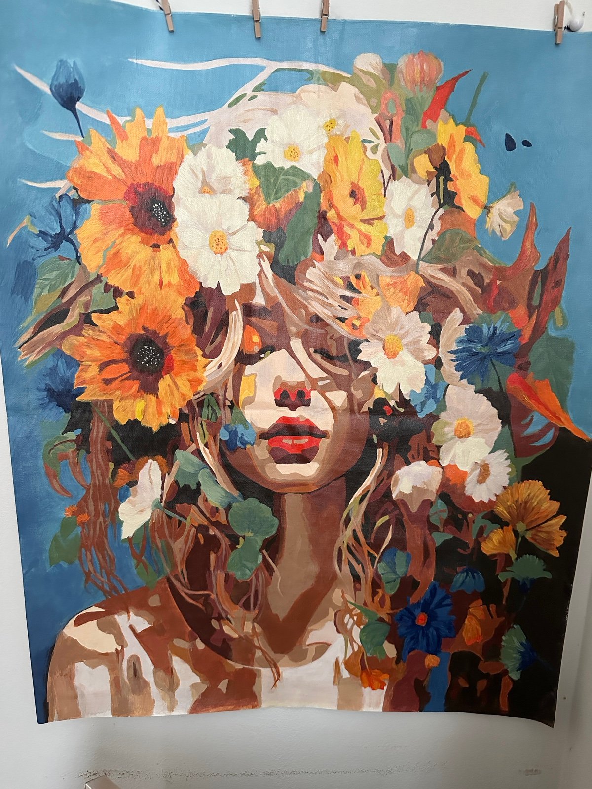 Acrylic painting girl with flowers
