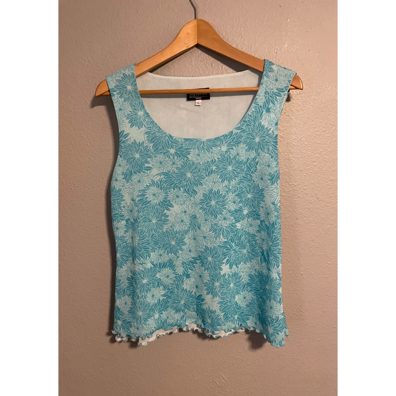 Vintage Biyaycda Womens Top Large Blue Floral Mesh Sleeveless Lettuce Hem Fairy