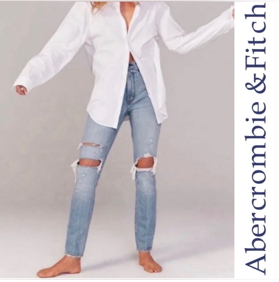 Abercrombie & Fitch Curve Love Ankle Ultra Hi-Rise Distressed Straight Leg Jean