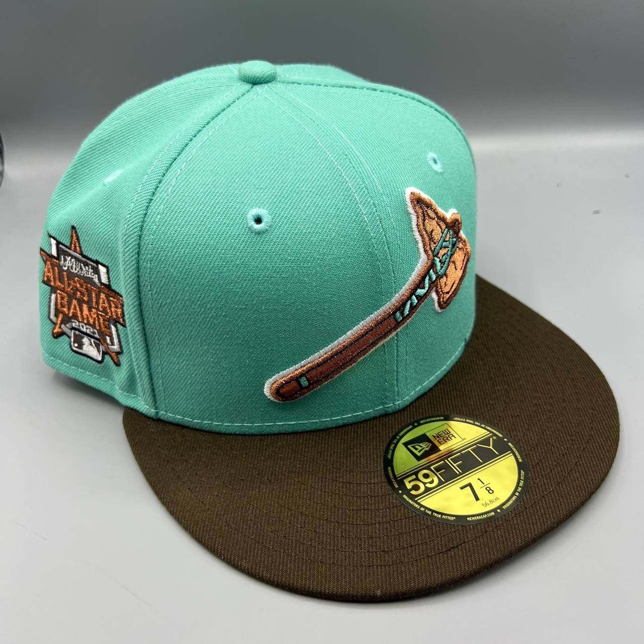 Atlanta Braves Hat Men 7 1/8 Blue Brown 59Fifty New Era MLB Fitted Cap