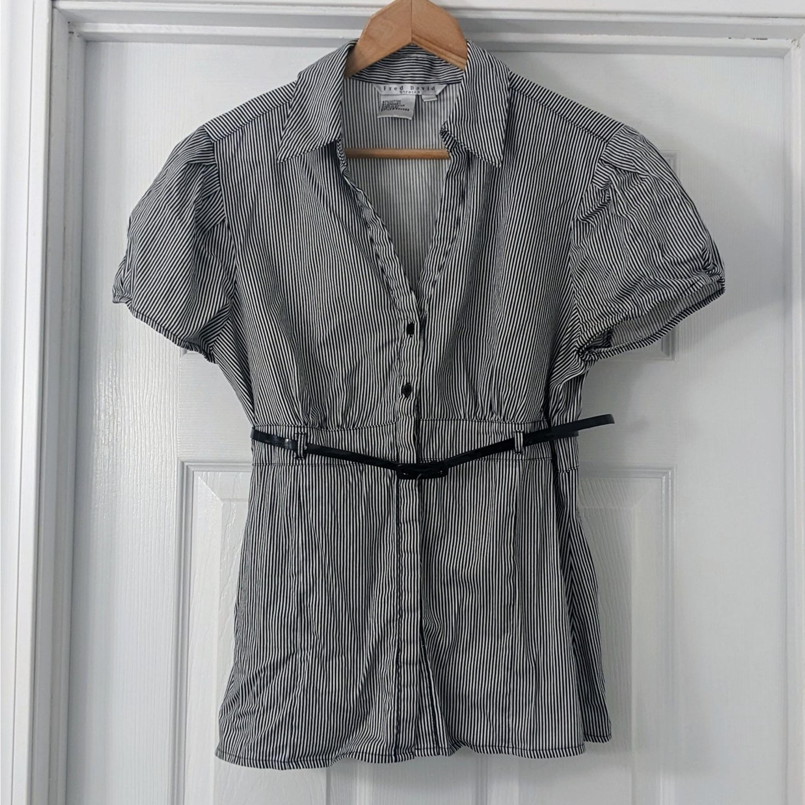 Fred David Stretch Black and White Peplum Blouse with Belt