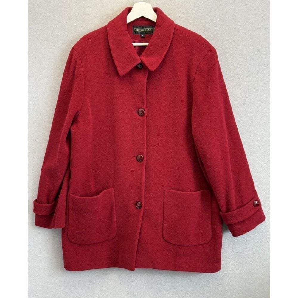 Vintage Kirsten Blake Women's Sz L Red 100% Virgin Wool Collared Pockets Coat