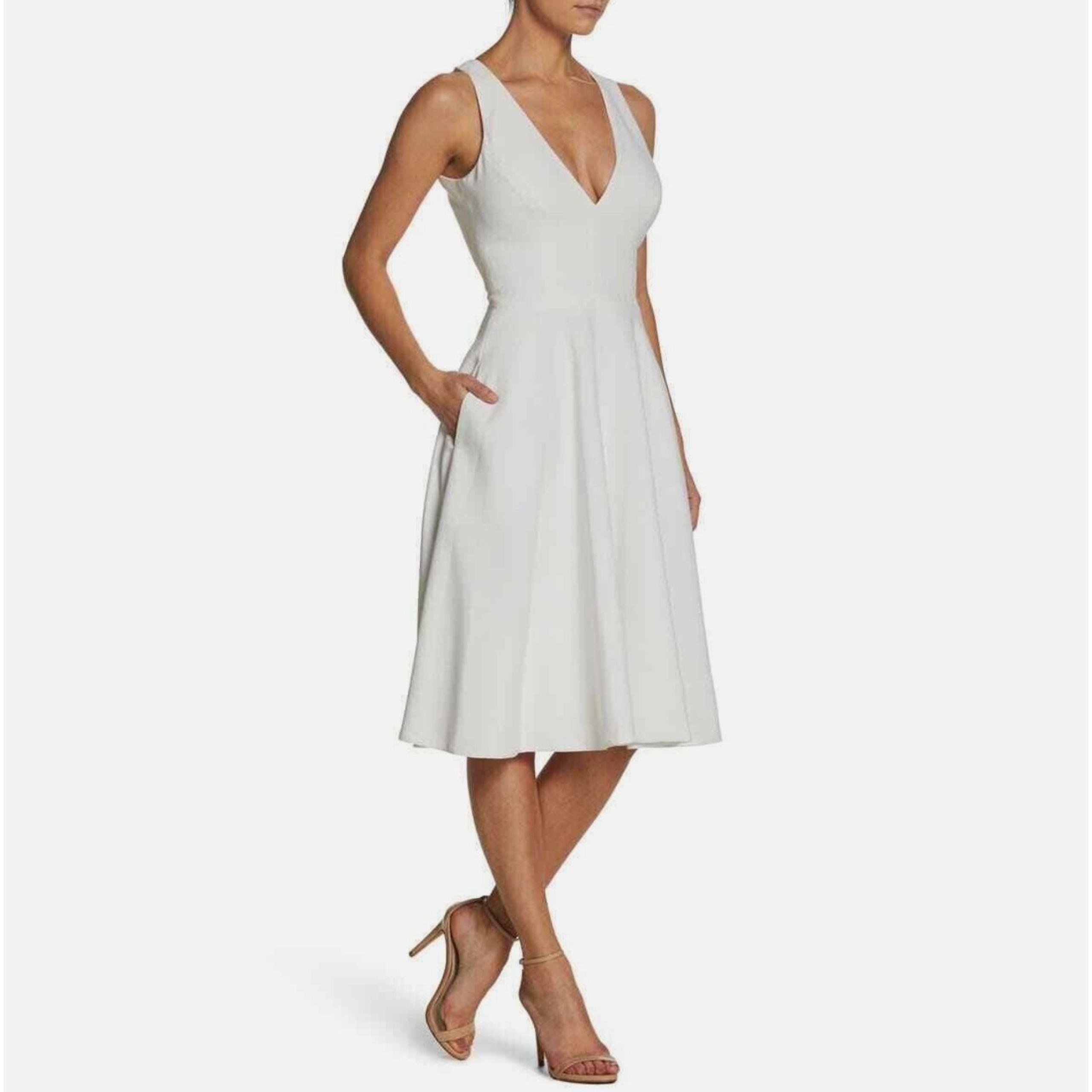 DRESS THE POPULATION Catalina Fit & Flare Dress V-Neck Off White Women's XXS
