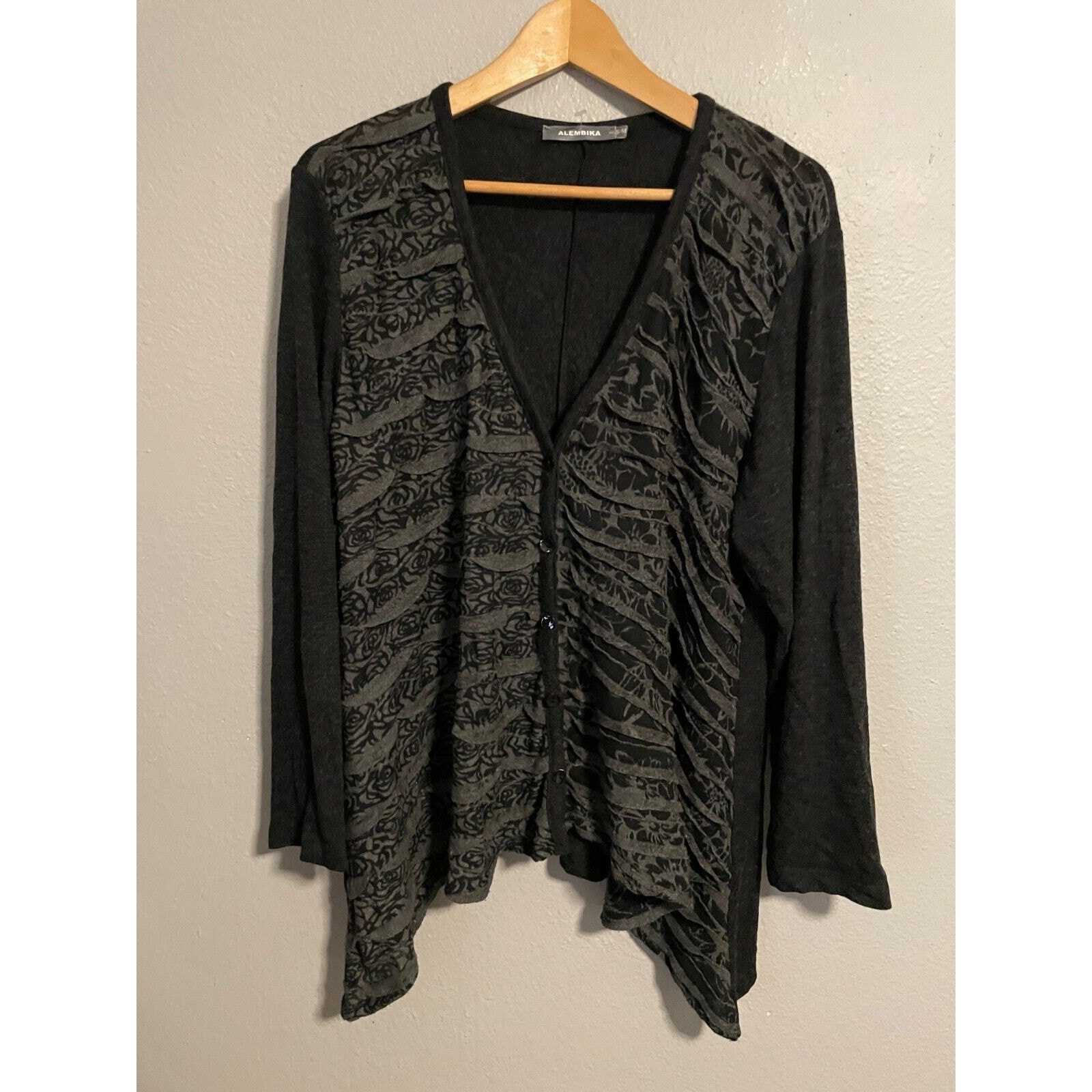 Alembika Womens Cardigan Size S/M Black Floral Wool Blend Ruffle Avant Garde