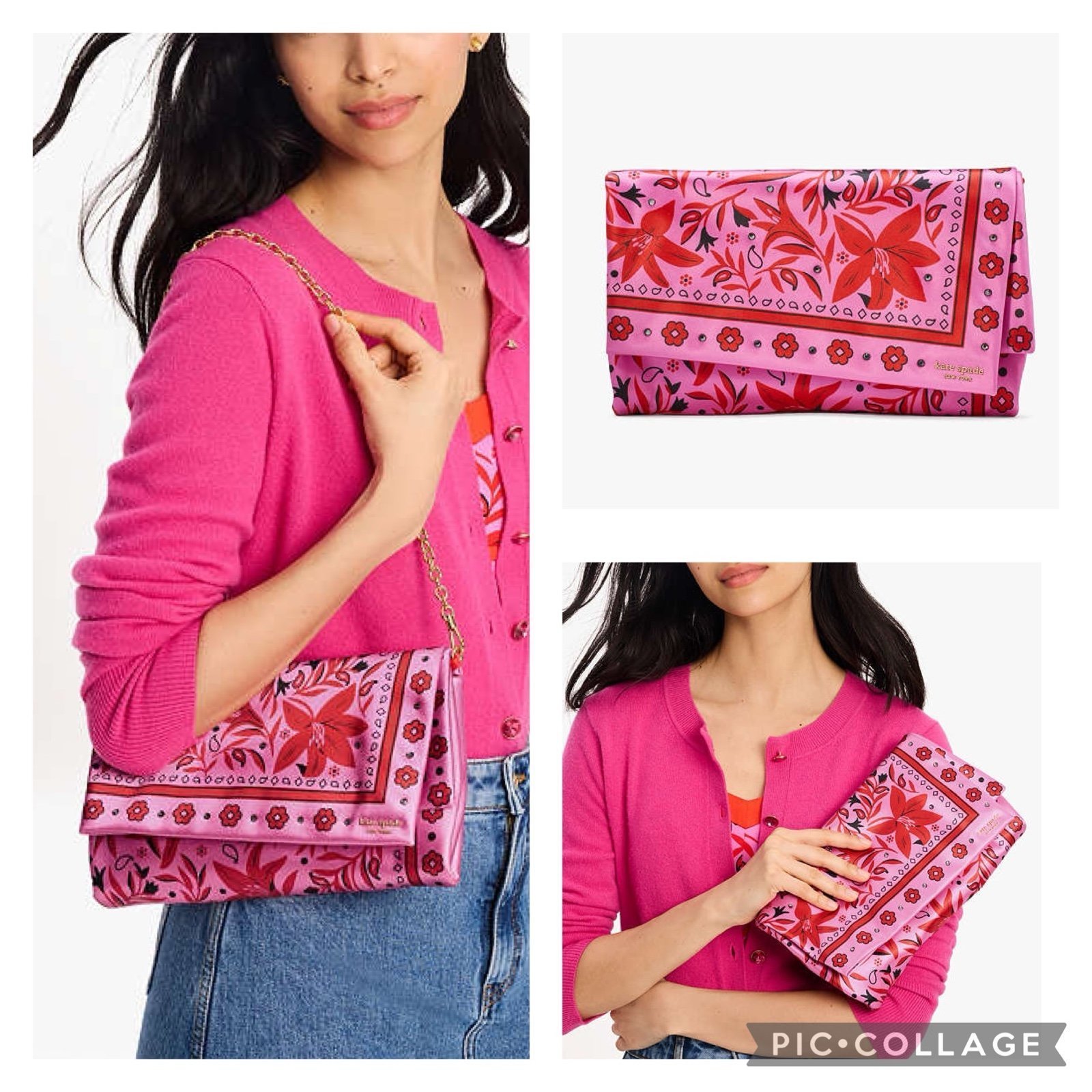 kate spade NWT 298 MSRP Satin Fold Bandana Printed Clutch - Pink/Red