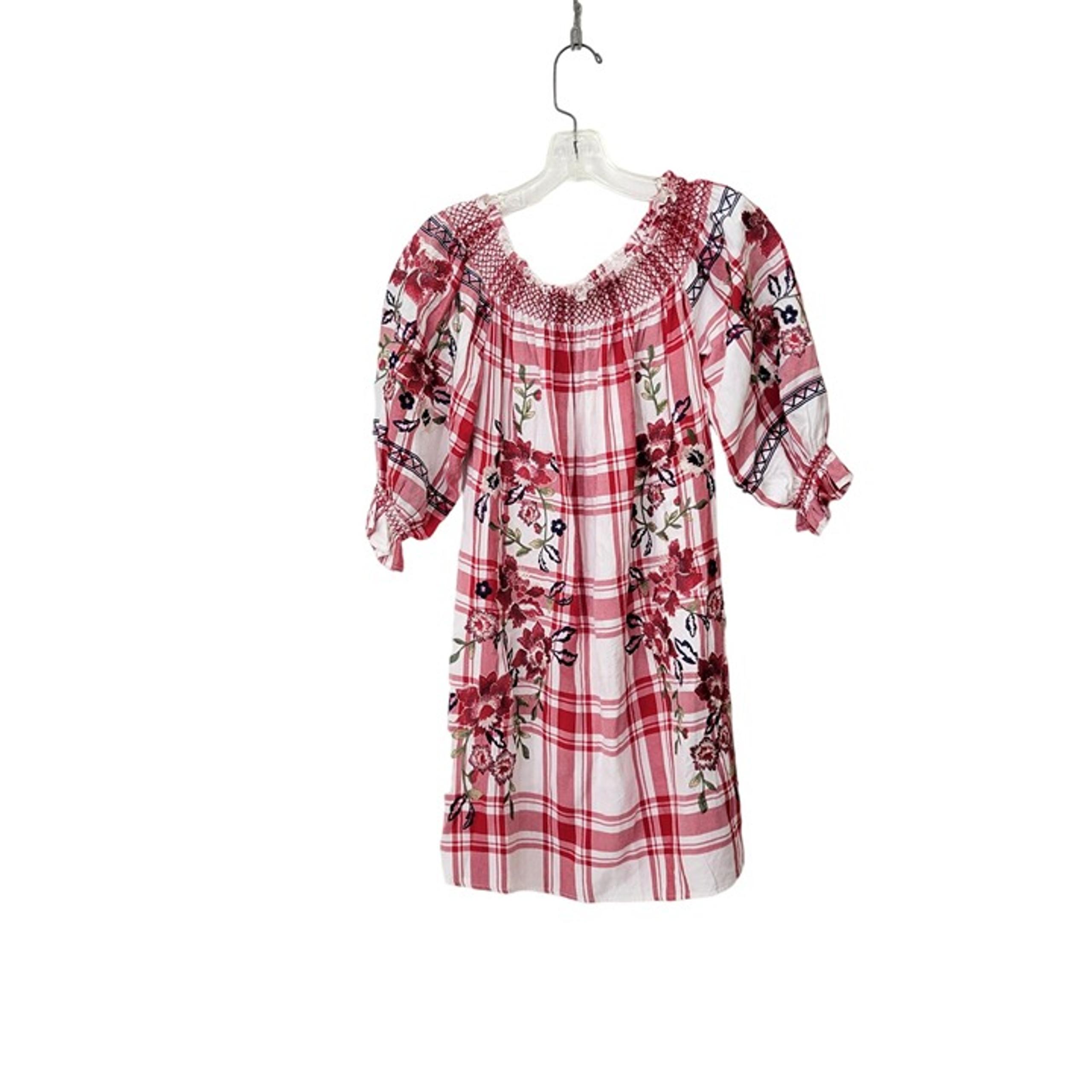 Zara Woman Red Embroidered Off the Shoulder Plaid Mini Dress