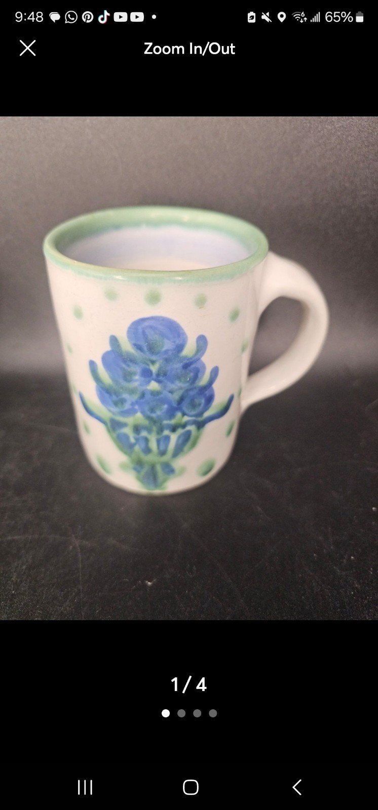 Vintage hand thrown coffee mug, with a blueberry design. Hadley ma. Pottery