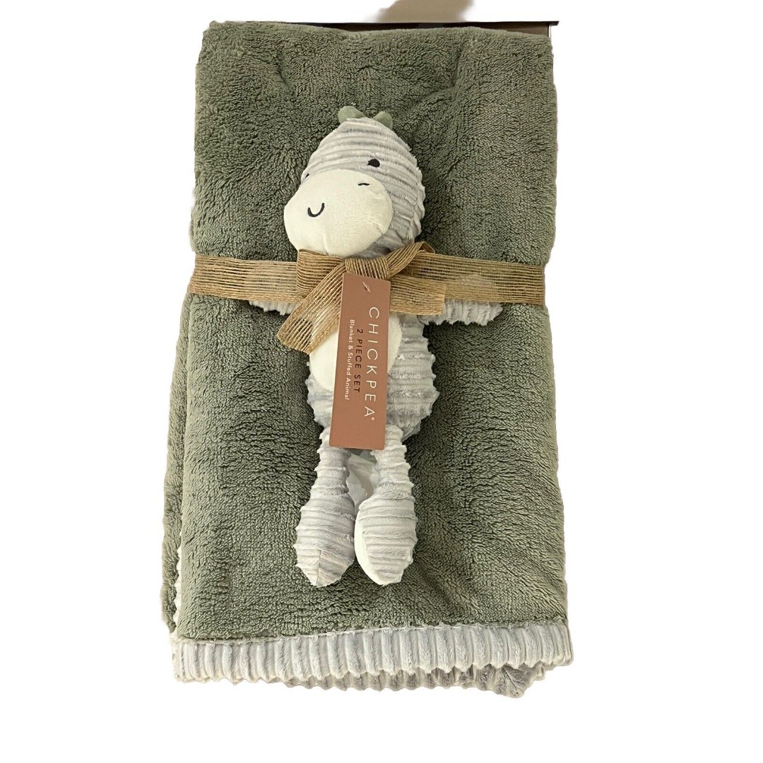 Chick Pea Baby Blanket Dinosaur Lovey Set Green Gray Textured Ribbed Trim New