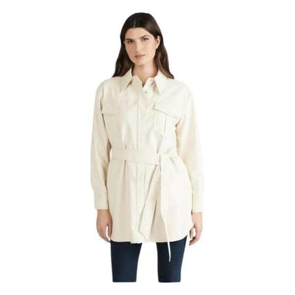 NVLT Vegan Leather Belted Shacket Jacket Ivory Snap Front Long Line S