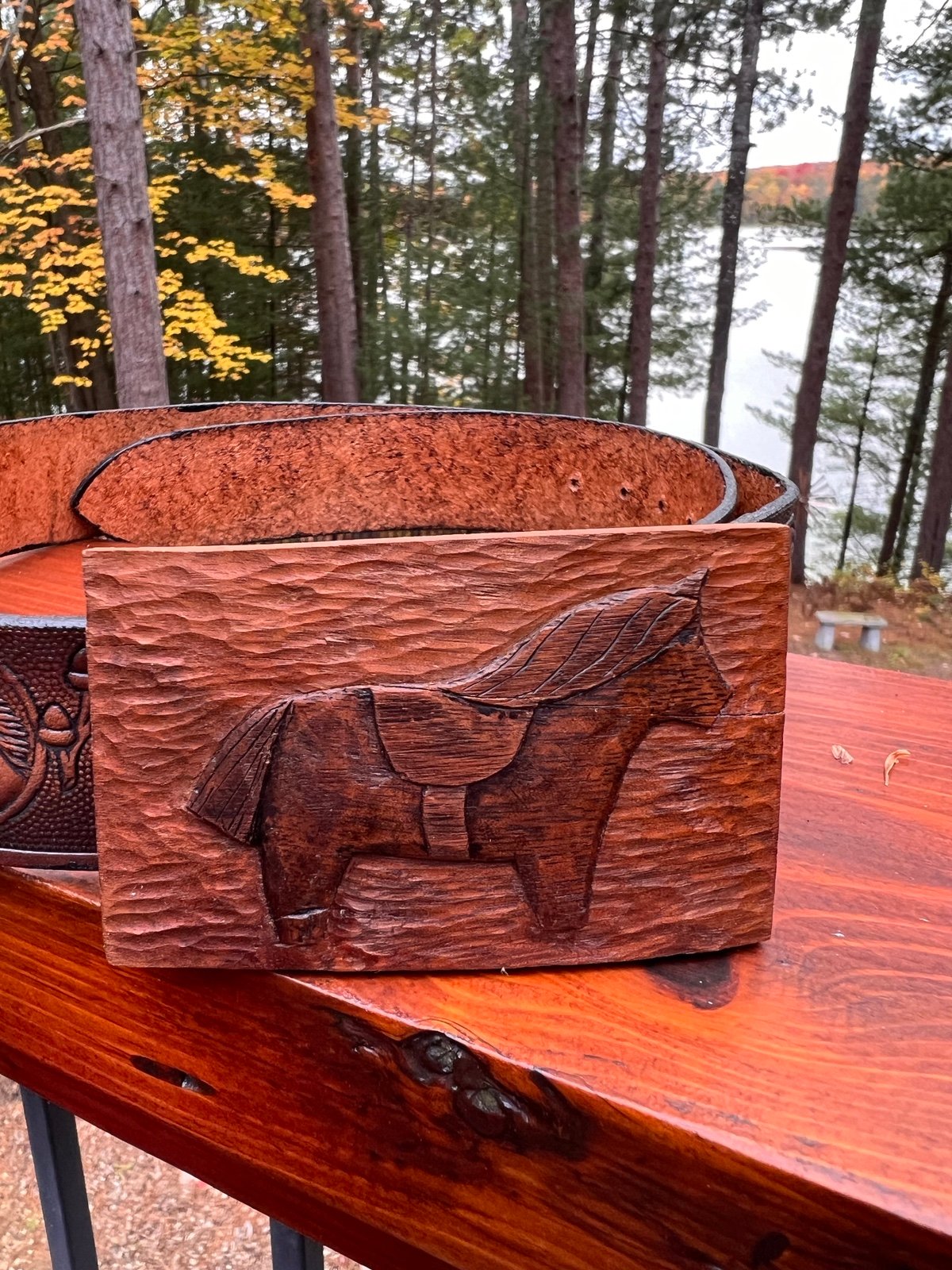 Hand carved Dala horse belly buckle with horse leather belt