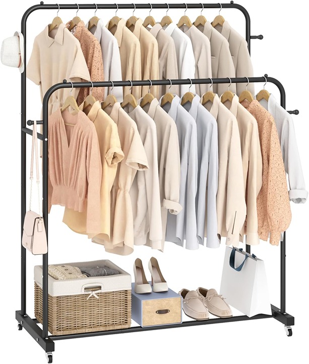 Double Rods Garment Rack with Wheels for Hanging Clothes Black