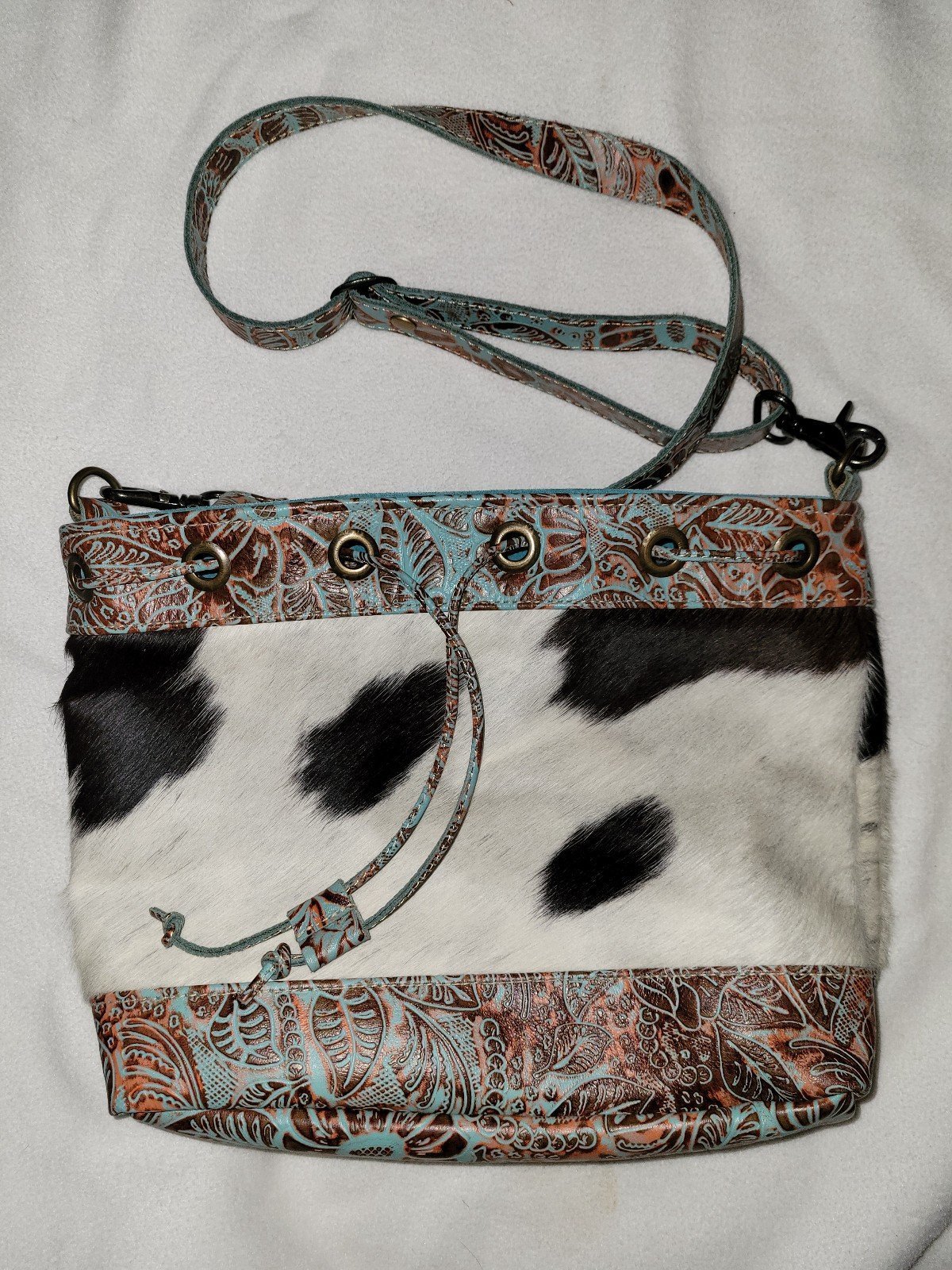 Myra Bag Composition Cow Hide Embossed Teal Leather Crossbody Shoulder Bag