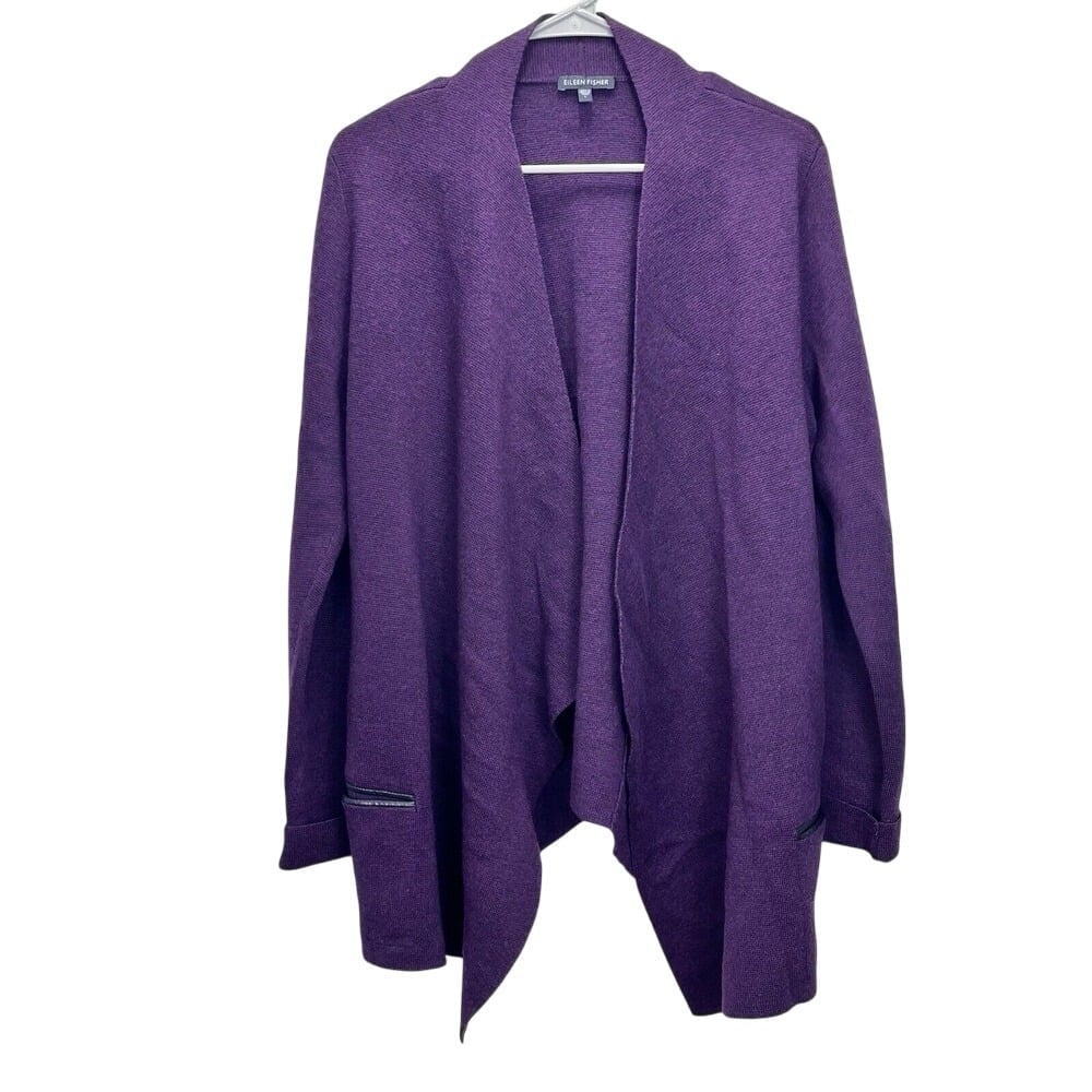 Eileen Fisher Purple Merino Wool Open Cardigan Sweater Pockets LARGE
