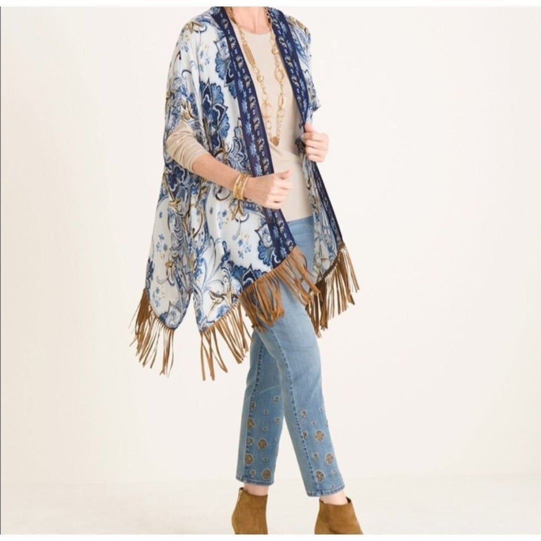 Chico's Printed Suede Fringe Ruana Cardigan Sweater Multicolor S/M Floral