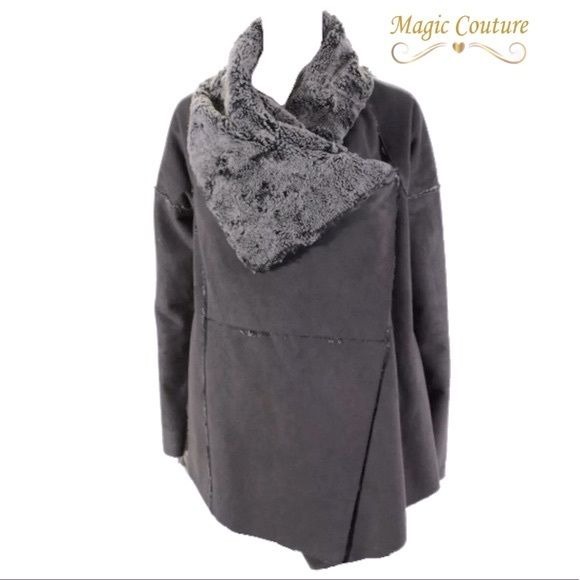 Pinko Faux Fur Vegan Suede Patchwork Draped Open Front Gray Jacket