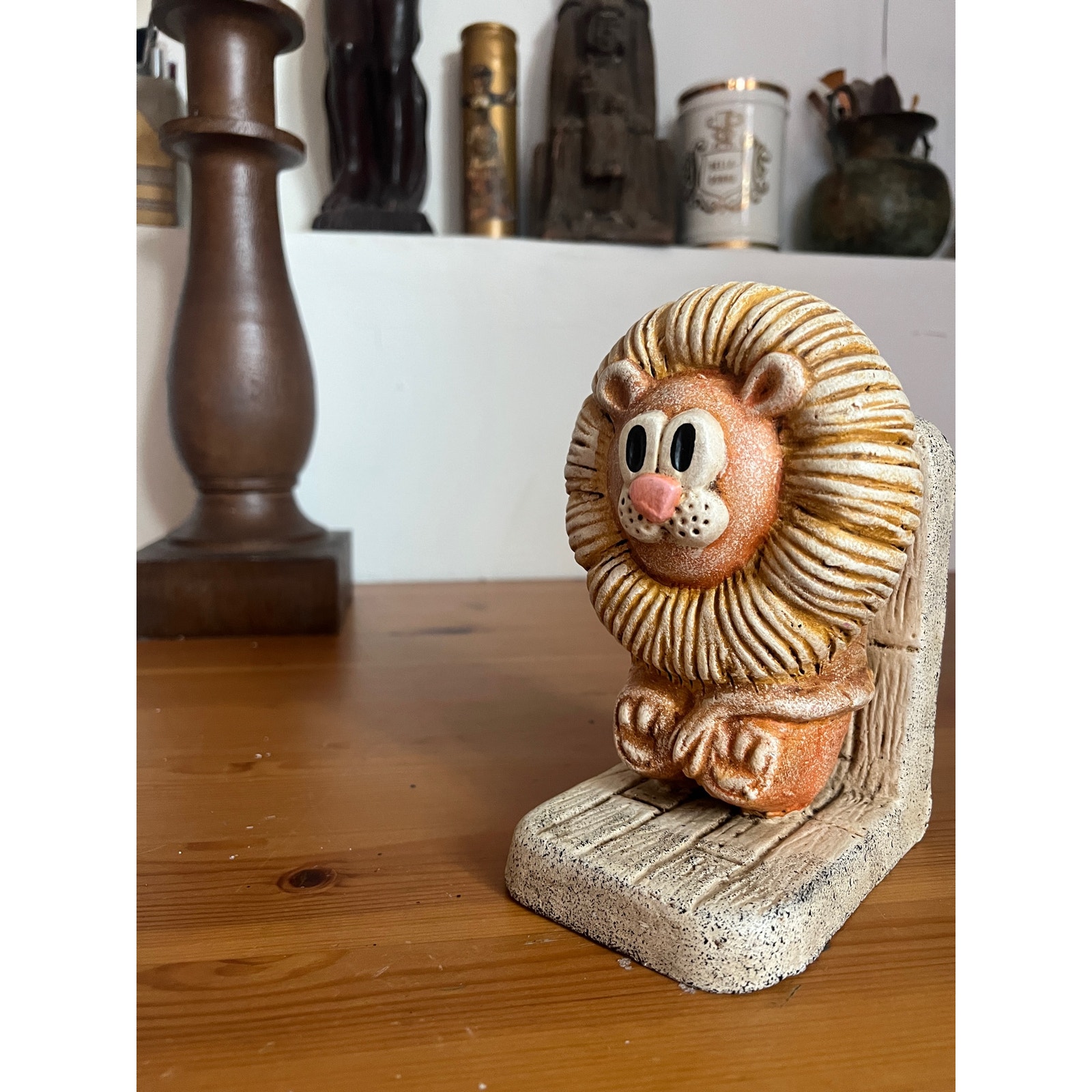 Lion bookend vintage, 60s, nursery, children’s, retro, orange, and cream