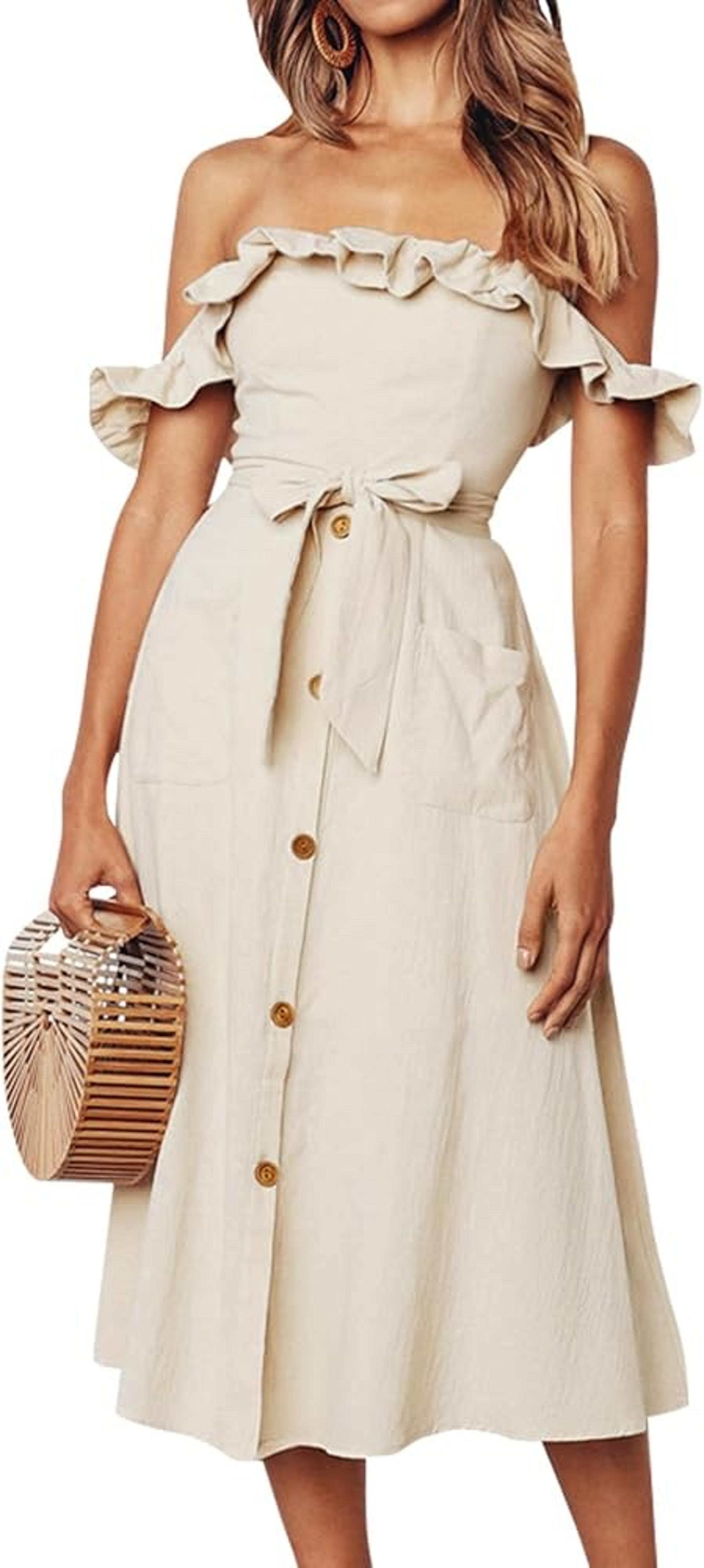 CUPSHE Women's Dress Buttons Ruffle Off Shoulder Summer Dress Tie Belt Sz L NWT