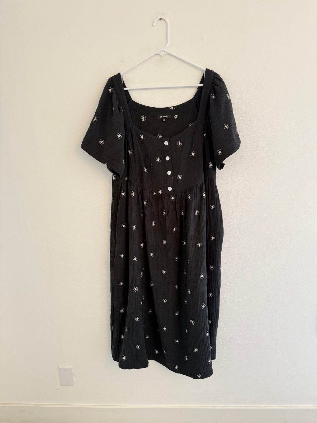 Madewell Black Lightspun Daisy Embroidered Square Neck Midi Dress XL