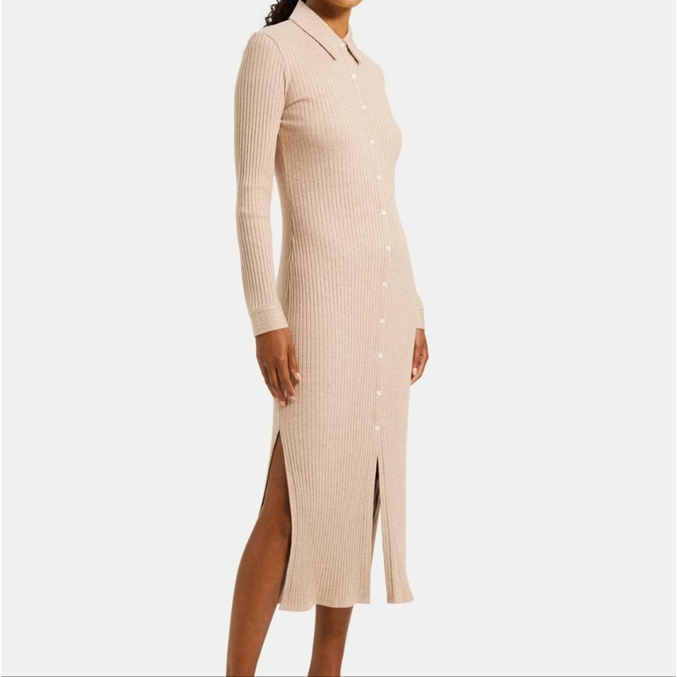Theory Ribbed Button Down Maxi Dress Beige S NWT