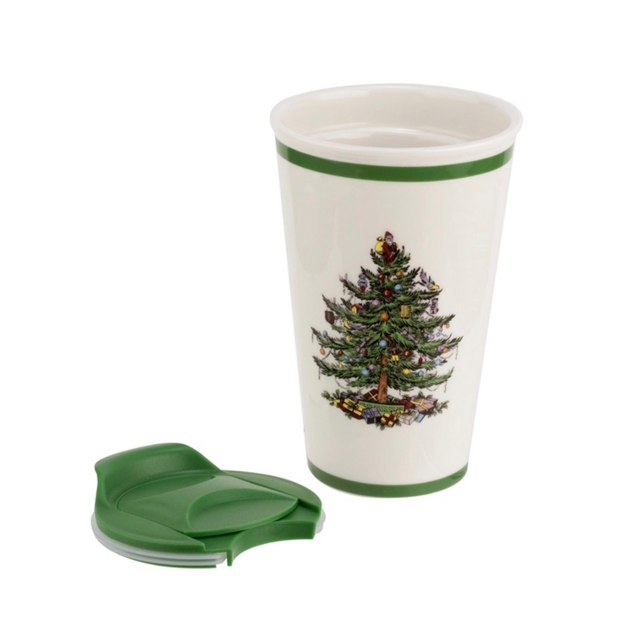 NWT Spode Christmas Tree Ceramic Travel Mug Tumbler Silicone Lid  11 oz w/ Box L
