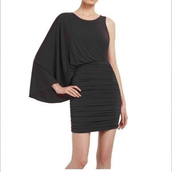 bcbgmaxazria black flowy one shoulder dress