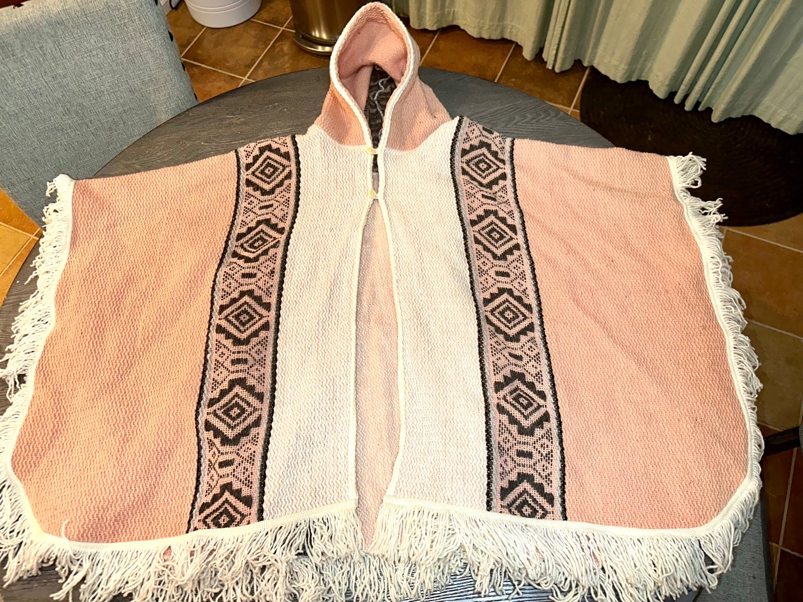 Fringed Aztec Print Pink Black Cream Blanket Poncho Cardigan