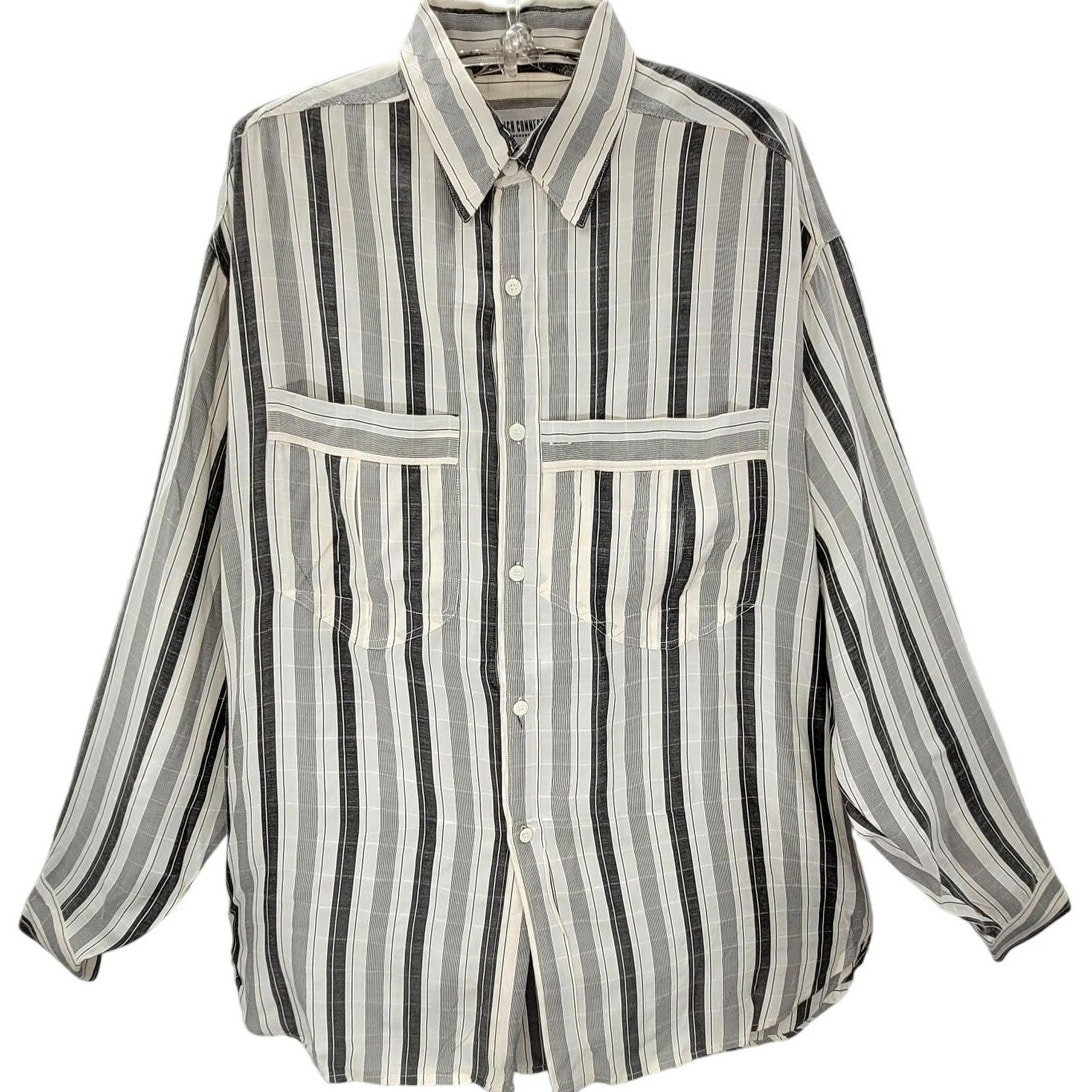French Connection Vintage 80s Striped Long Sleeve Mens Rayon Button Up Shirt