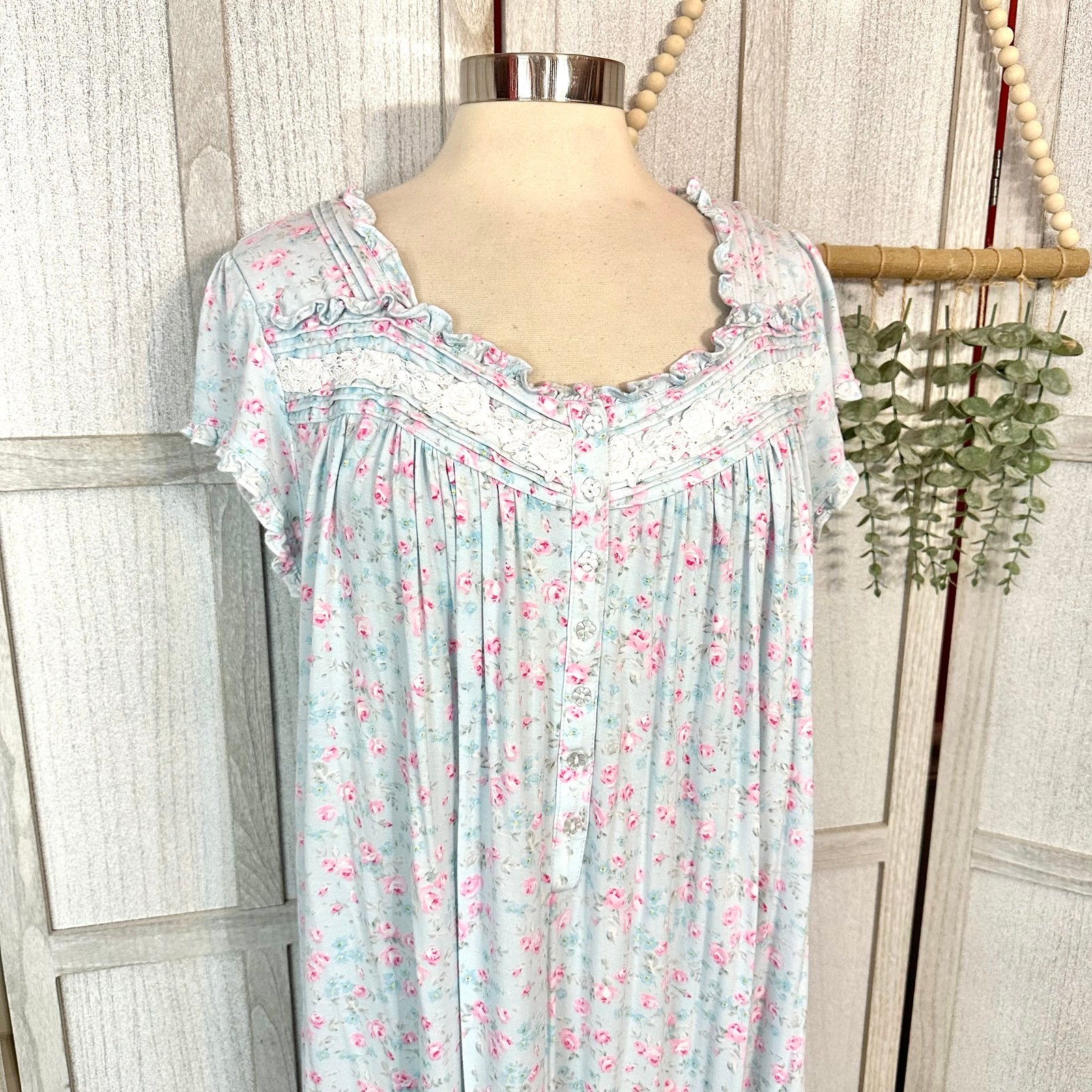 Eileen West Nightgown Blue Floral Crochet Lace Gown Lounge