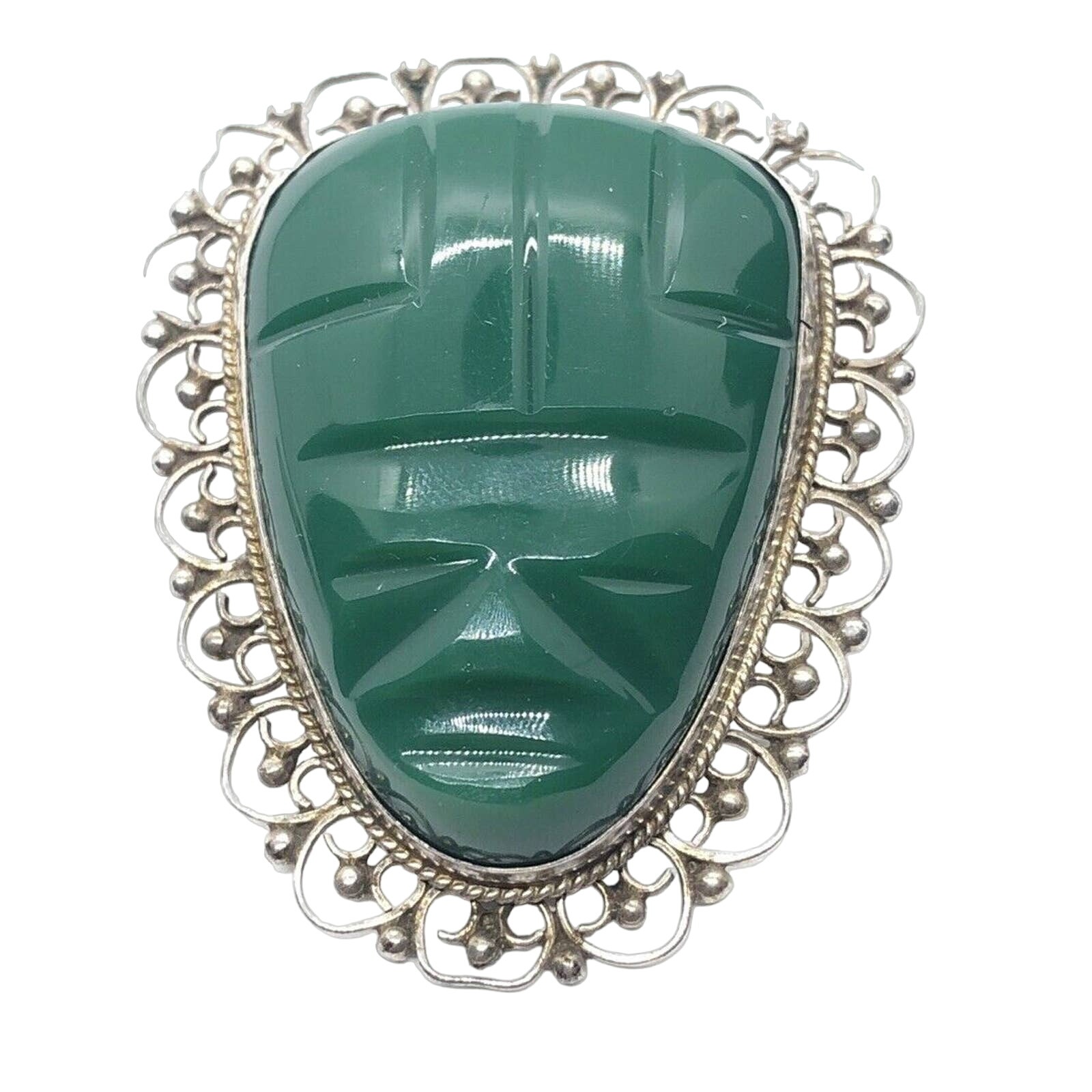 Vintage Sterling Silver Brooch Pin 925 Mexico Carved Face Green Stone Mask