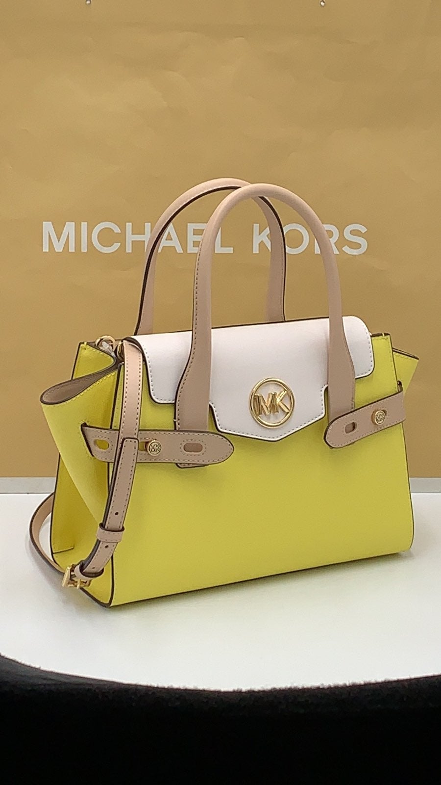 MICHAEL KORS Carmen Medium Color-Block Faux Saffiano Leather Belted Satchel