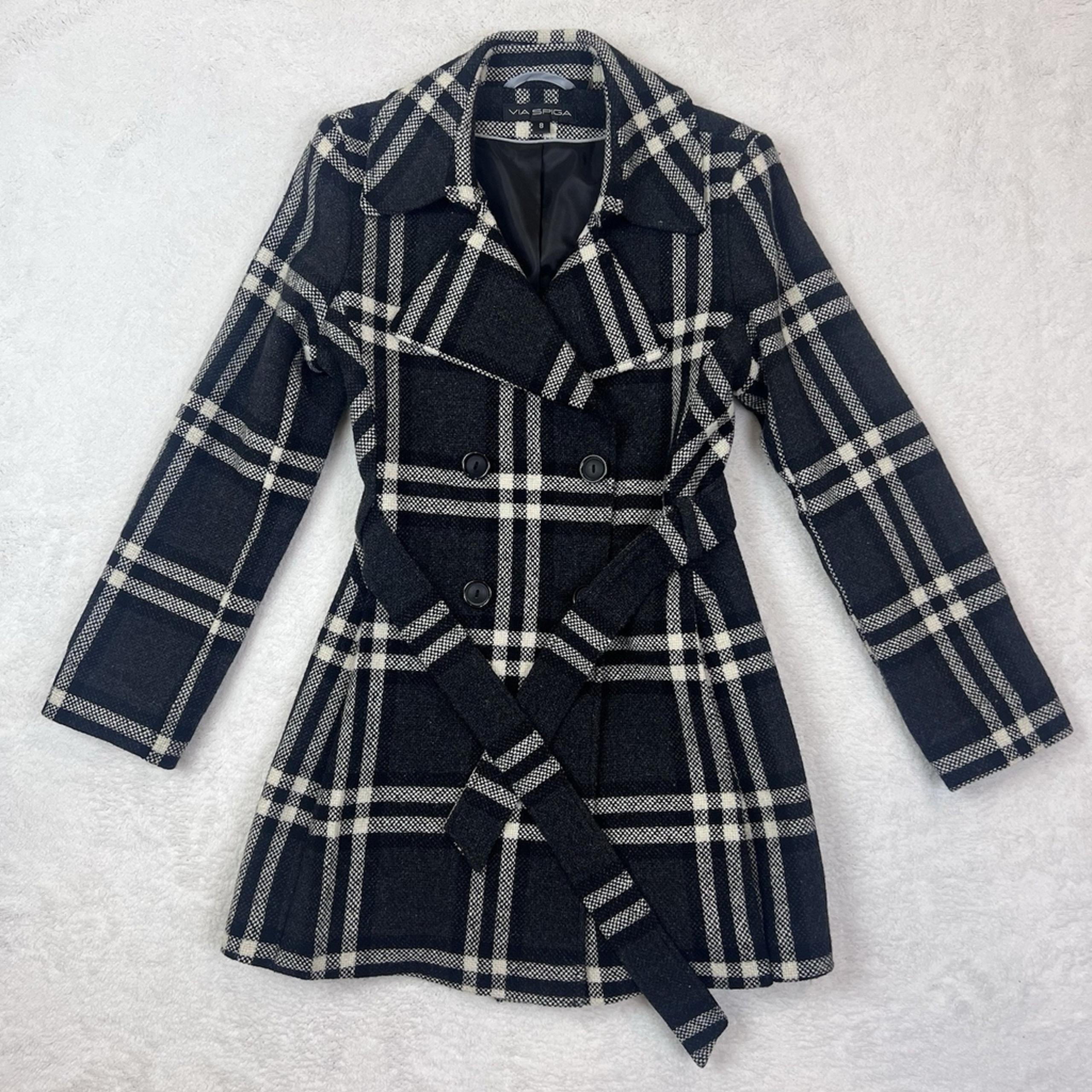 Via Spiga Plaid Women's Winter Peacoat Coat Pleated Size 8 Waist Tie Wool Blend