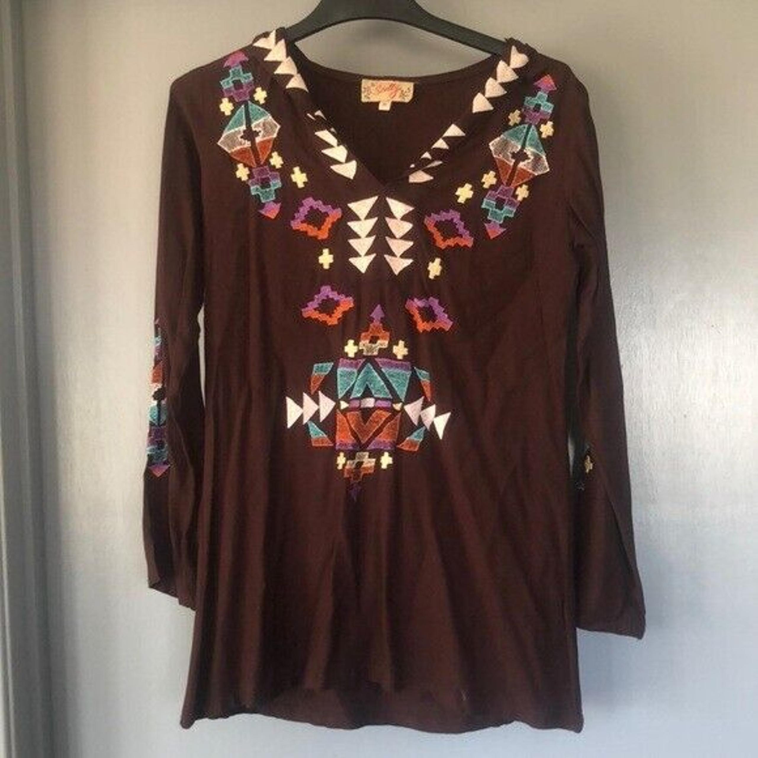 Scully Womens Brown Southwestern Aztec Embroidered Long Sleeve Hoodie Size M