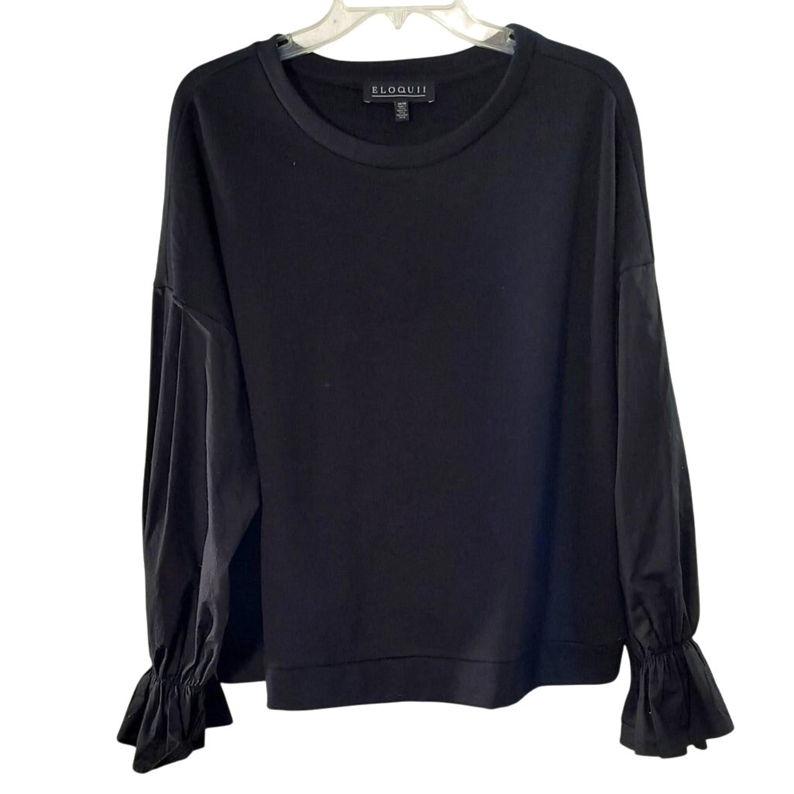 EloQuii Sweatshirt Top Women's Sz 4/16 Black Puff Balloon Sleeve Pullover Blouse