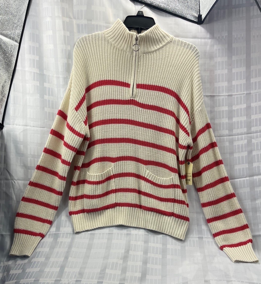 st. john’s bay women long sleeve sweater 1/4 zip Size L White/pink- Red.